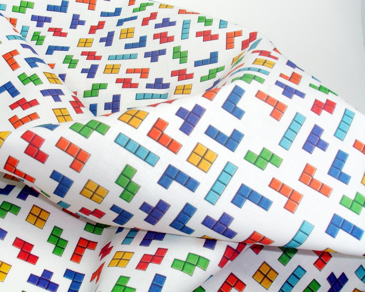 Tetris fabric fat quarter - gaming blocks on white geek quilting