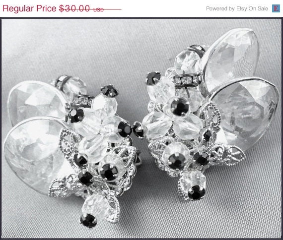 Vintage Crystal & Black Rhinestone Earrings, Runway Ear-Climbers