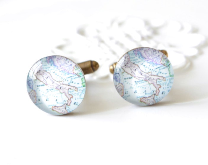 Map Cufflinks / Brass and vintage map with muted colors / Italian map accessories handcrafted in the USA - gift for him