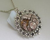Steampunk Jewelry, Steampunk Gothic  flower necklace - with vintage watch movement 1 inch diameter.. Gift under 35 Dollars