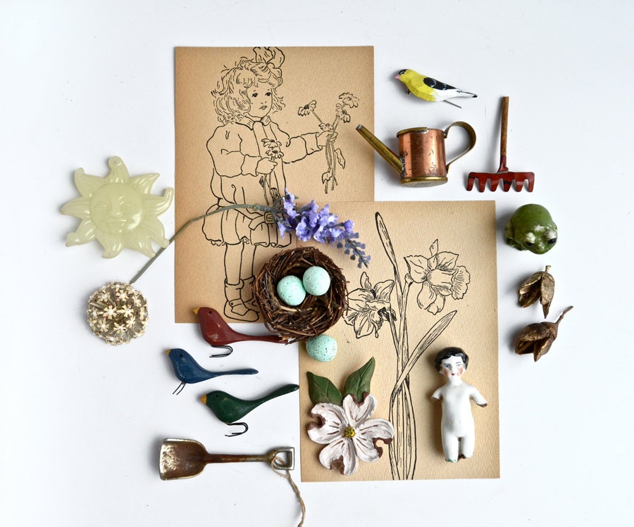 SPRING THEMED bits and pices for your art assemblage  offered by Elizabeth Rosen