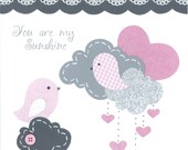 Pink and Gray Nursery Decor, Baby Girl Art Print, You Are My Sunshine Print, Baby Bird Nursery, Bird Wall Art Print