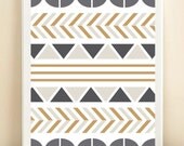 Charcoal, Grey, and Gold 'Tribal' print poster