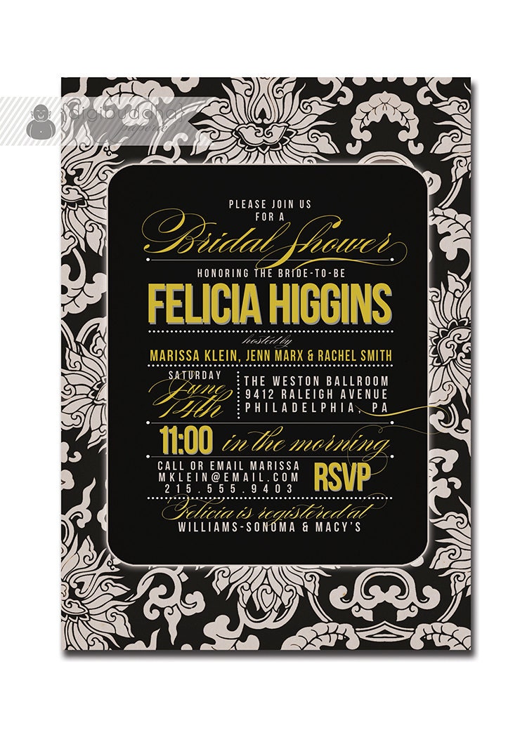 Damask Bridal Shower Invitation Black Gold Silver Gray Invitation Vintage Retro Typography Printable Digital or Printed - Felicia Style