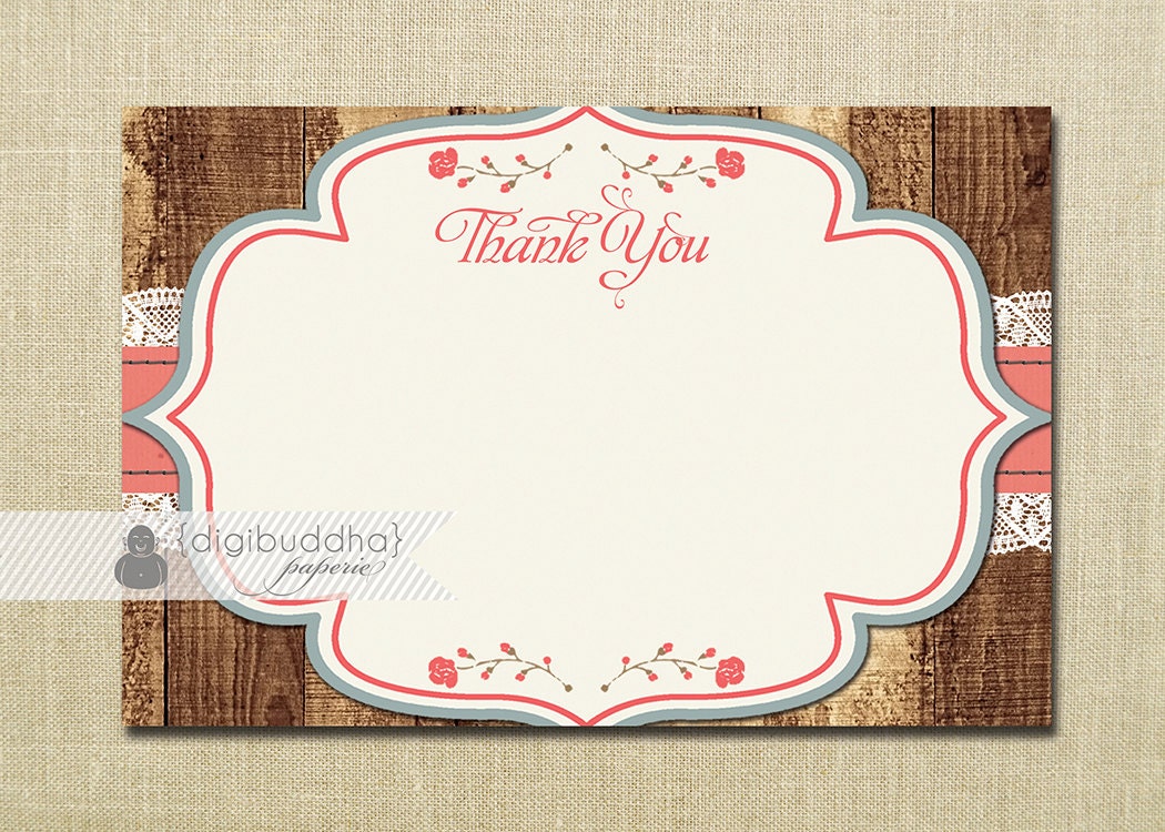 Wood Lace Crochet Thank You Card Coral Blue Bridal Shower Rustic Wedding Vintage Antique 4x6 Thanks DIY Digital or Printed - Hillary Style