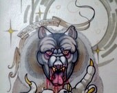 twice cursed, lady werewolf with prey, original painting and pencil art