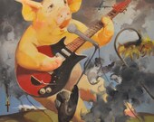 Farm animals pig oil painting original 80cmx80cmx3.8cm,happy piggy contemporary tradition
