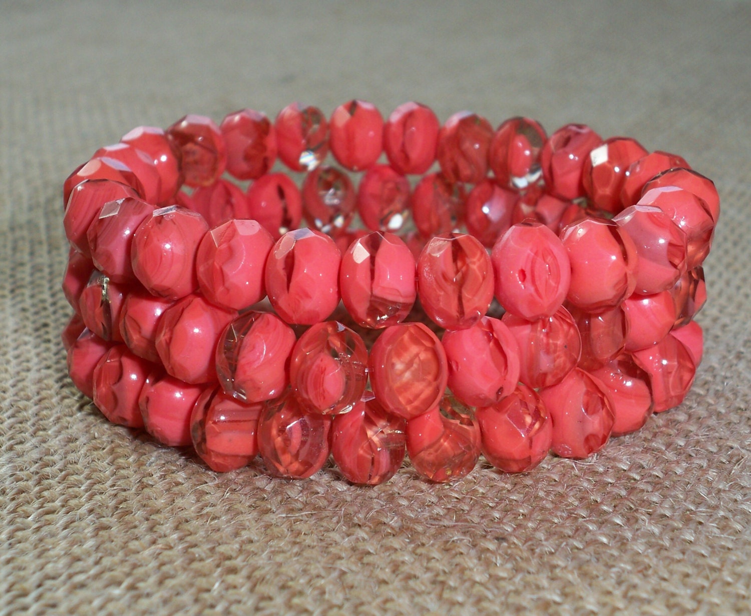 Coral Czech Glass Bead 6x8mm Rondelle Faceted TIGERLILY (10)