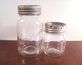 Mason Jars with rusty Metal Rings & Glass tops, Two Clear Canning Jars, Quart and pint,GEM
