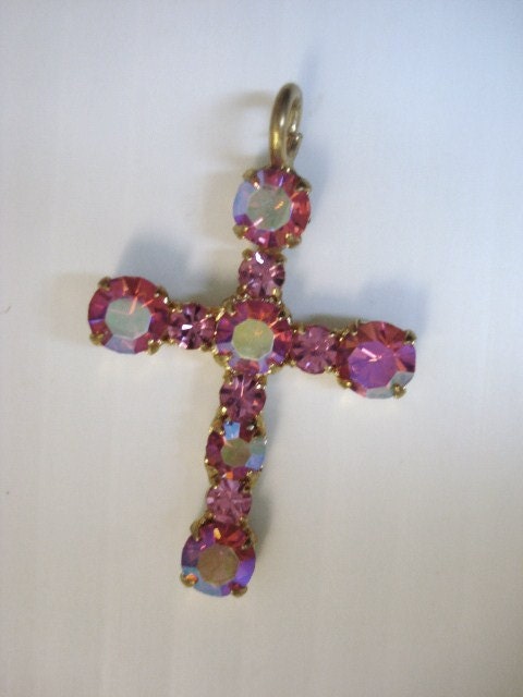 Pink Rhinestone Cross - Austrian Crystal - Perfect  Gift - Fashion Jewelry - Signed