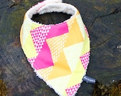 Bandana dribble bib - bold geometric pattern, pink, orange, green (UK seller)