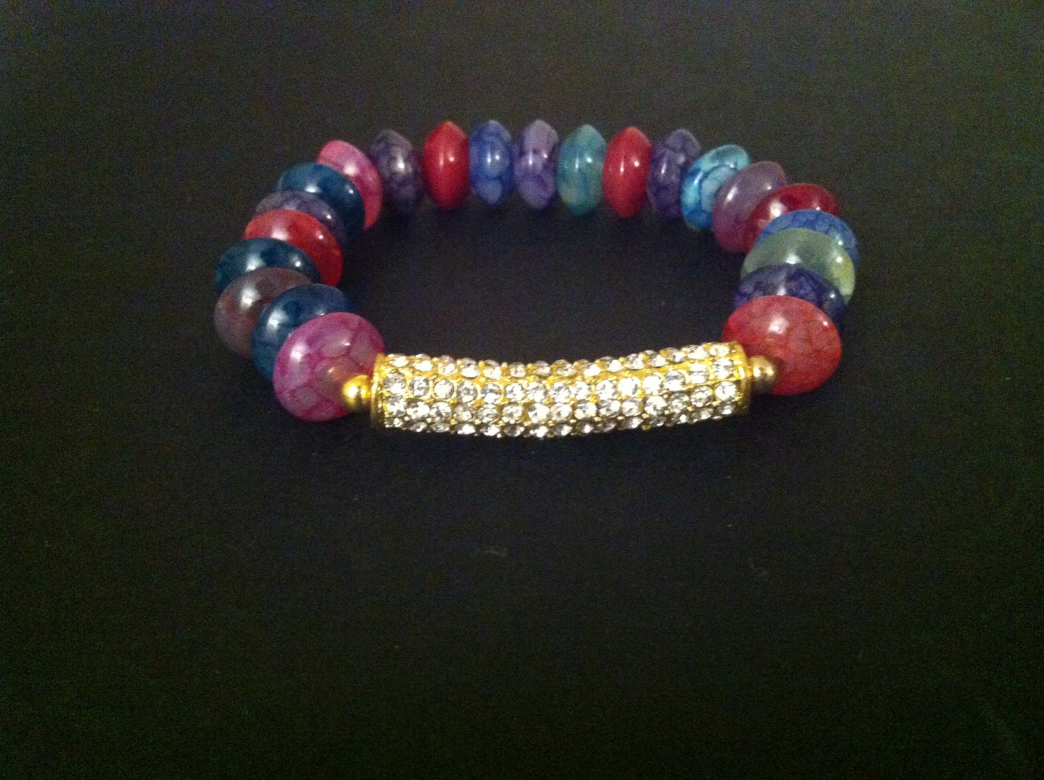 Rainbow Fire Agate and Pave Bar Stretch Bracelet
