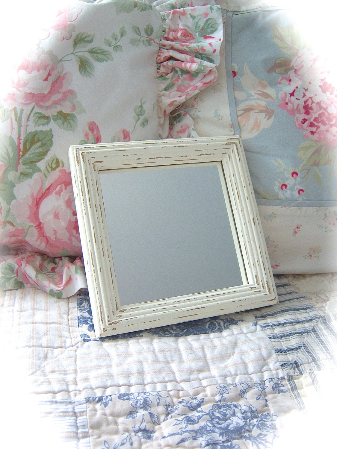 Petite SQUARE Off White Cream DISTRESSED Wall Decor Hanging MIRROR Shabby Cottage Chic