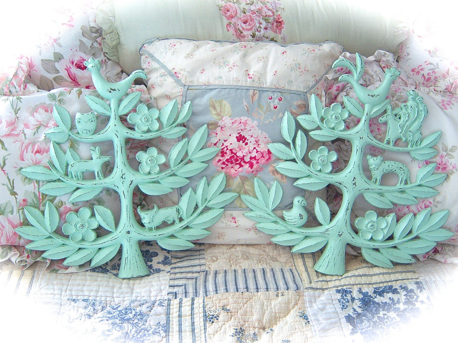 UPCYCLED Eco Friendly Shabby Sea Foam MINT Green Children's Room DECOR Wall Hangings Pair