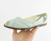 Vintage 1980s Leather Peep Toe Sandals in Pastel Blue - Size 7 by Jeunesse