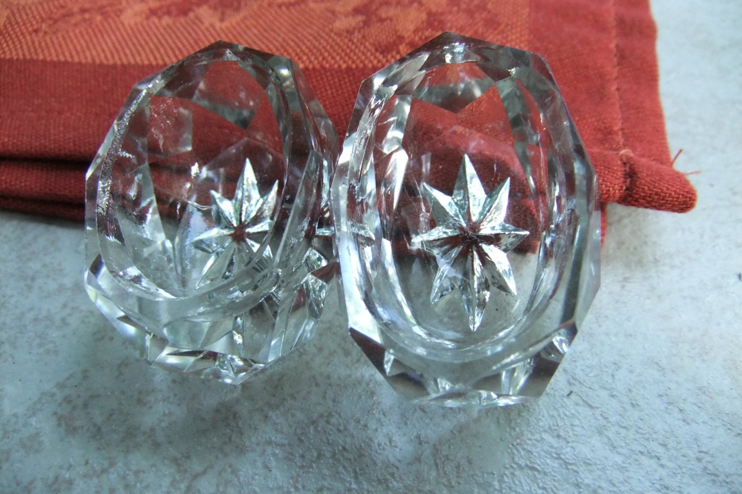 Vintage Diamond Cut Salt Cellars with Starburst Design Thick Glass Mid Century