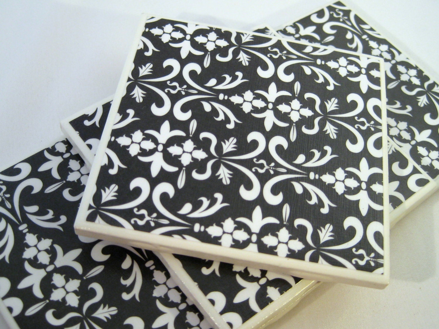 Four White and Black Damask Coasters