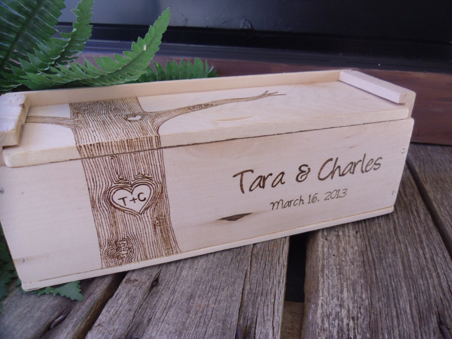 Wedding Wine Box for Rustic Wedding With Engraved Woodburned Tree