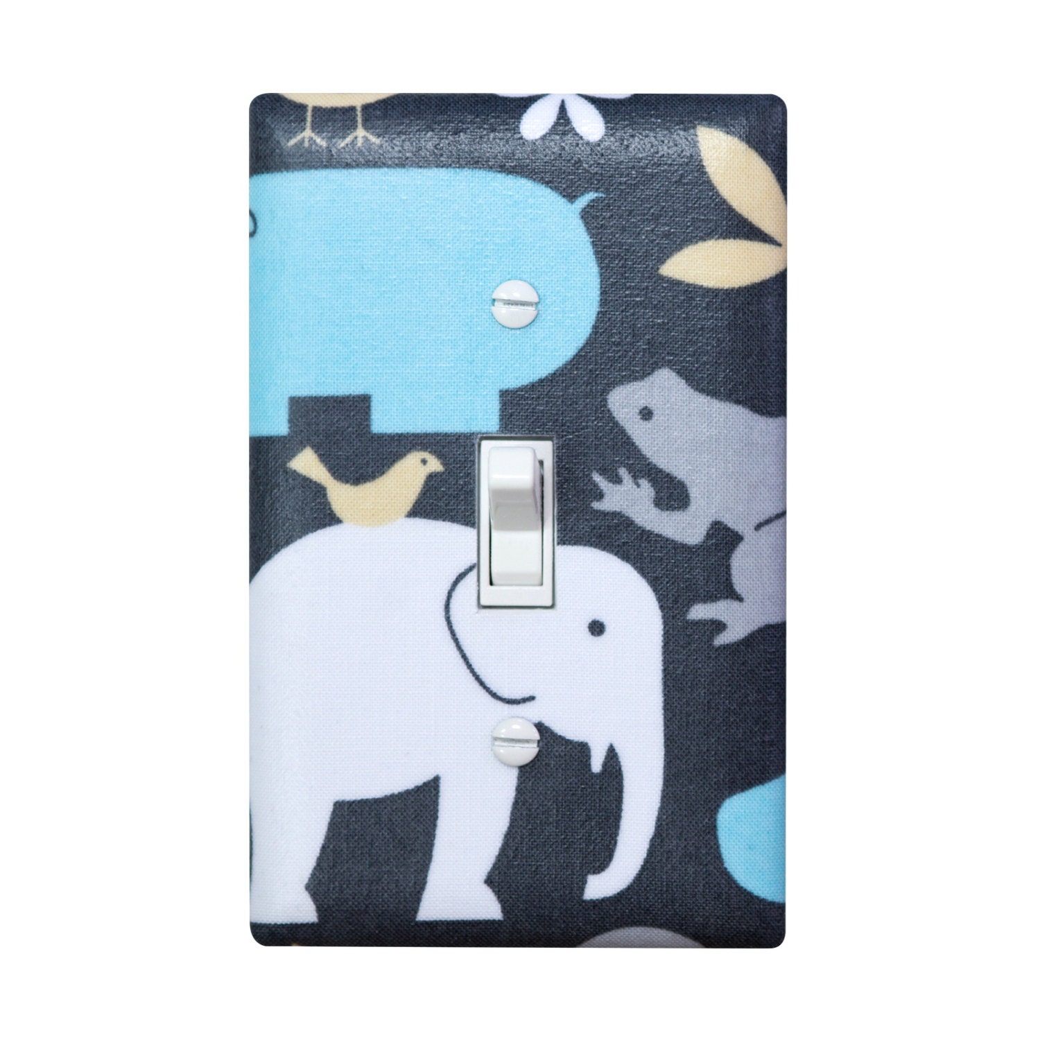 Elephant Light Switch Plate Cover / Baby Boy Nursery Decor /  Aqua, Yellow, and Gray /Urban Zoology Its a Boy Thing in Sea / Michael Miller