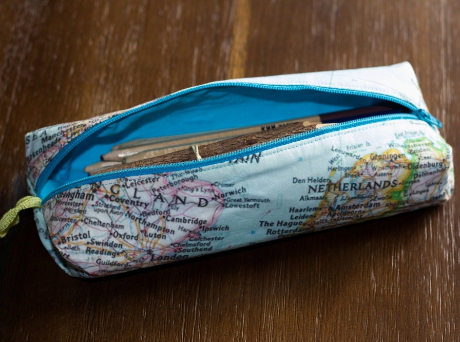 Zippered pencil case, pouch with vintage map no.3