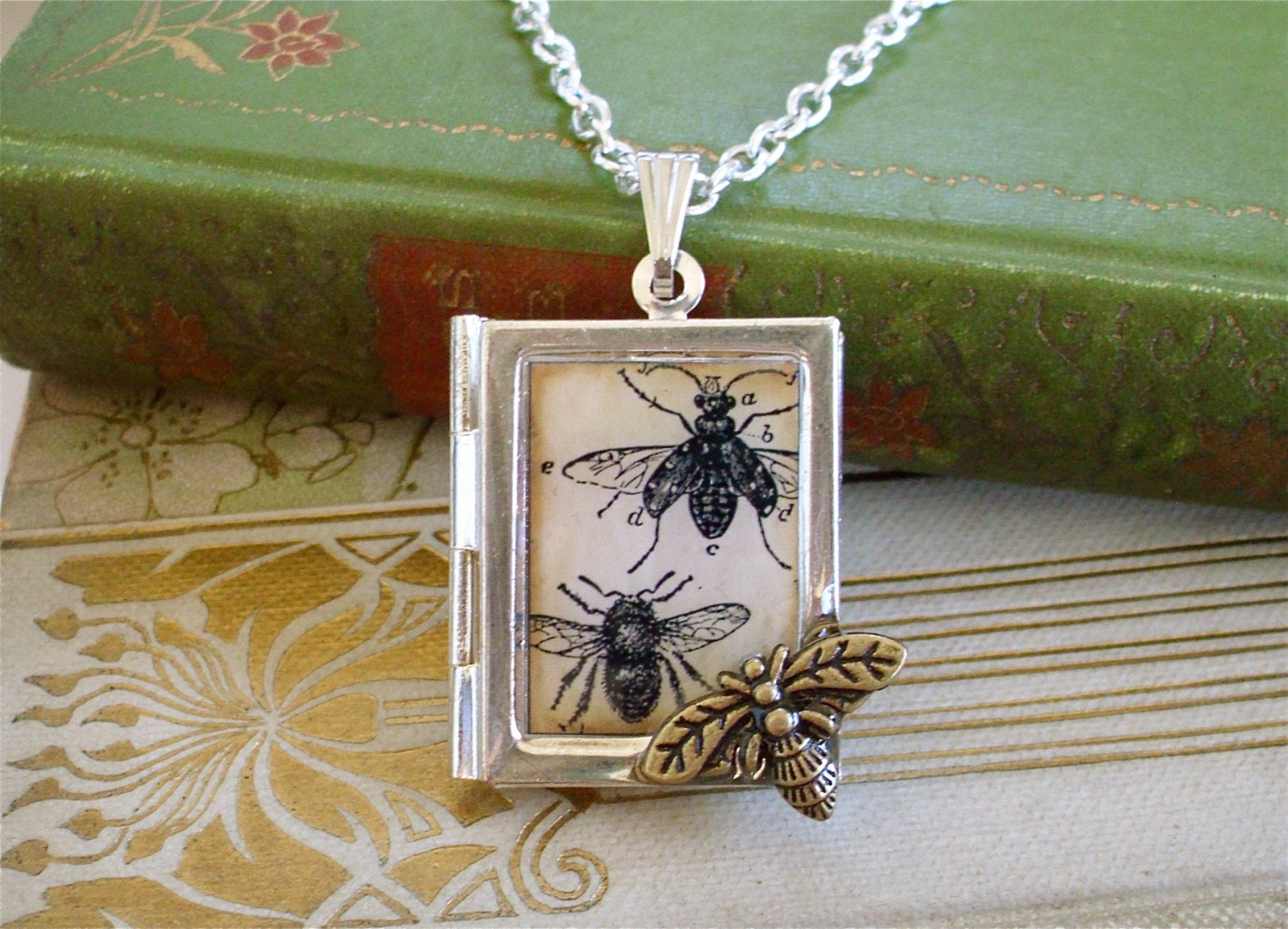 Bee Locket - Honey Bee and Beetle Jewelry - Antique Insect Print Pendant w/ Chain in Silver - Bumble Bee