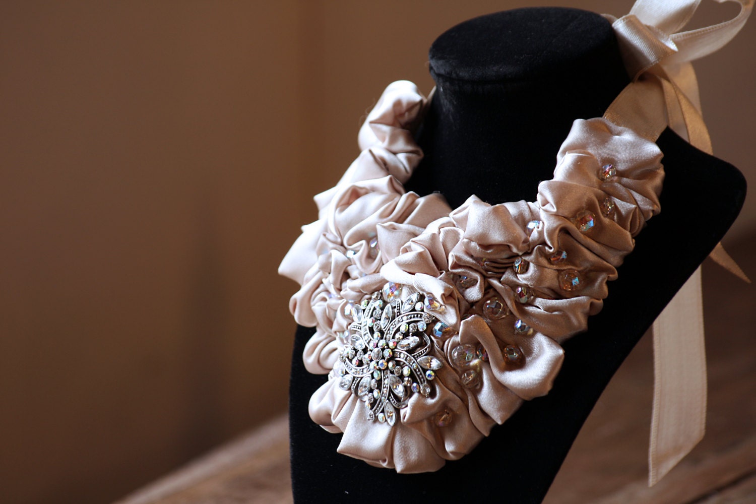Gorgeous champagne color fabric necklace with shiny decor and Czech glass beads Secret Garden