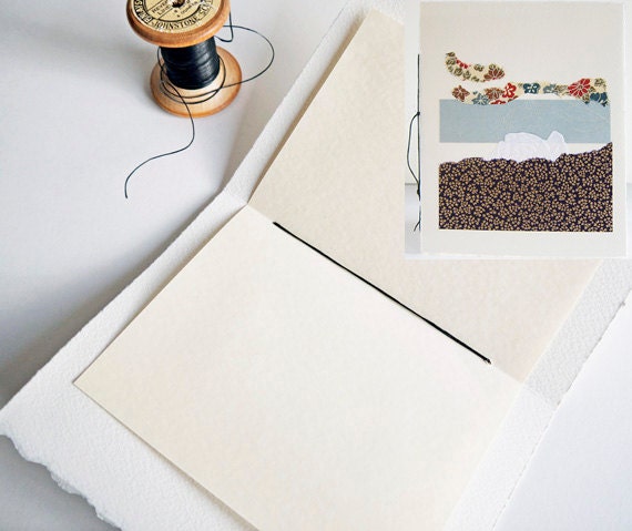 Hand Made Greeting Card & Envelope 5 x 6.5" OOAK - Japanese Paper Purple Gold Blue Floral Landscape Mother's Day