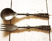 Vintage french TIN Spoon and Fork - two lovers - Medieval motif