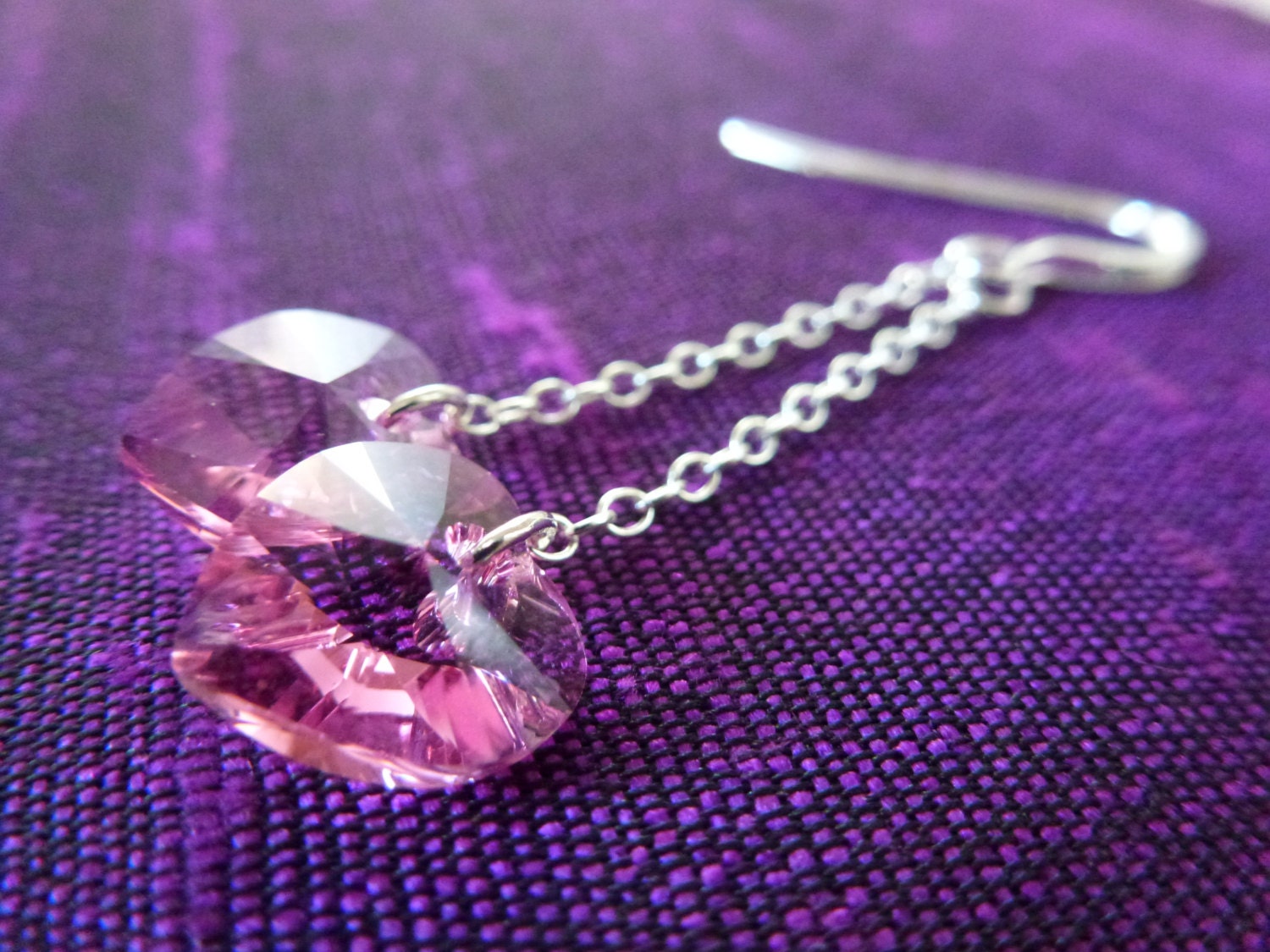 Sale - Pink Dangle Heart Earrings - Jewelry Gift for her Under 25 - Pink Swarovski Chain Drop Dangle - Shiny Silver Links Jewelry Fashion