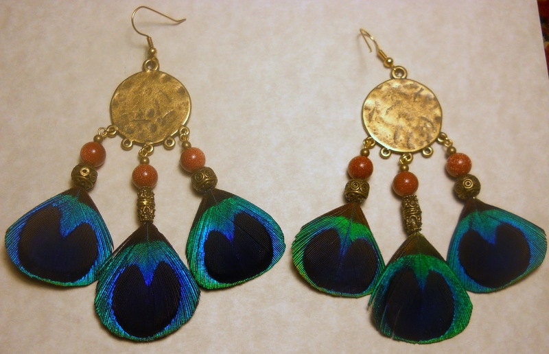 Gold Stone & Brass Peacock Chandelier Earrings