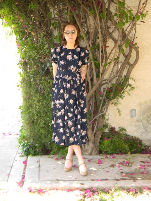 Vintage Navy Blue Floral Eighties Does Forties Swing Stretch Spring Summer Career Casual Garden Party  Midi Dress