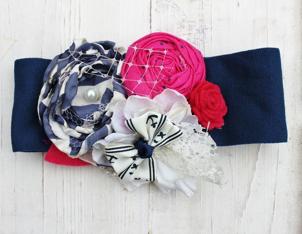 She's All That Nautical baby headband, flower headband, rolled rosette, vintage inspired, handmade singed flower, metal, lace  baby bow