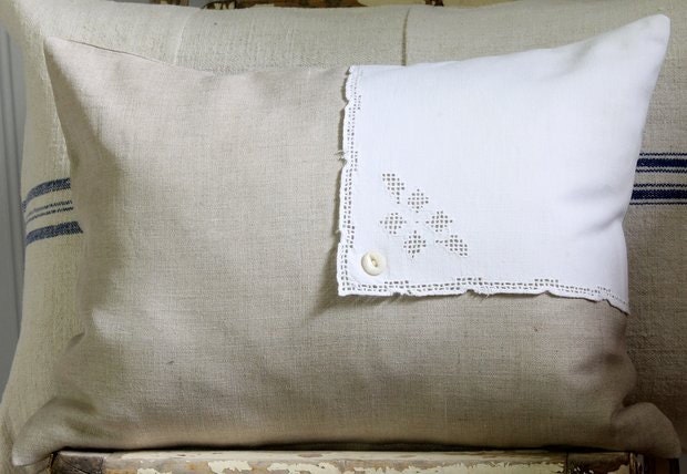 Decorative Pillow Cover flax linen with vintage trim 12 x 16