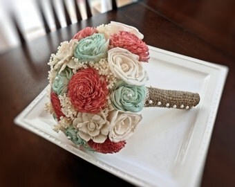 Handmade Wedding Bouquet- Medium Coral Mint Ivory Bridal Bridesmaid Bouquet, Alternative Bouquet, Keepsake Bouquet, Rustic Wedding