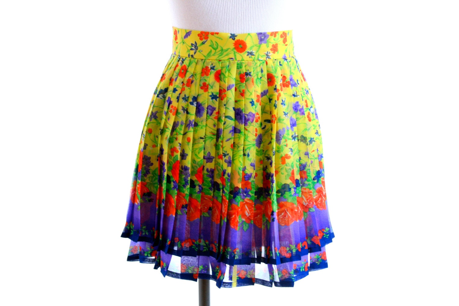 Gianni Versace Silk Floral Pleated Skirt - Yellow Purple - SIZE 2