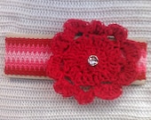 Red Flower Headband Chevron Elastic Stretch Band Faux Rhinestone Button Ribbon Yarn Crochet Single Flower Large Big Tween Girl Womens