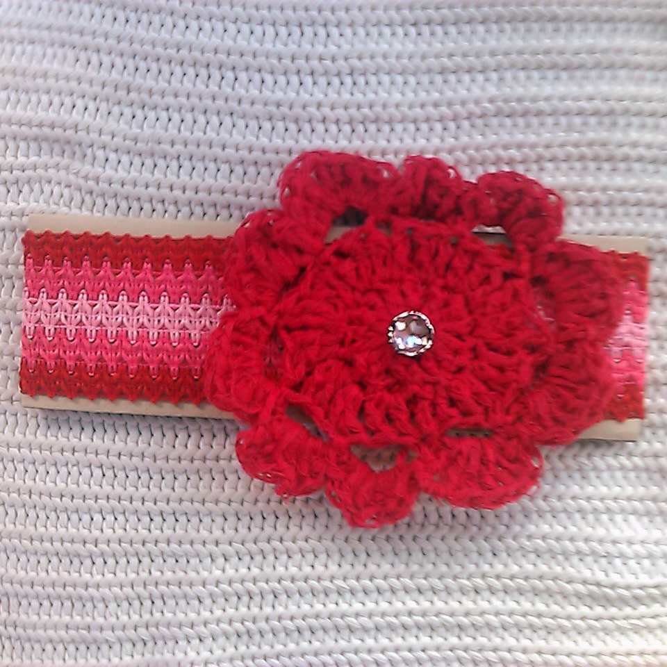 Red Flower Headband Chevron Elastic Stretch Band Faux Rhinestone Button Ribbon Yarn Crochet Single Flower Large Big Tween Girl Womens