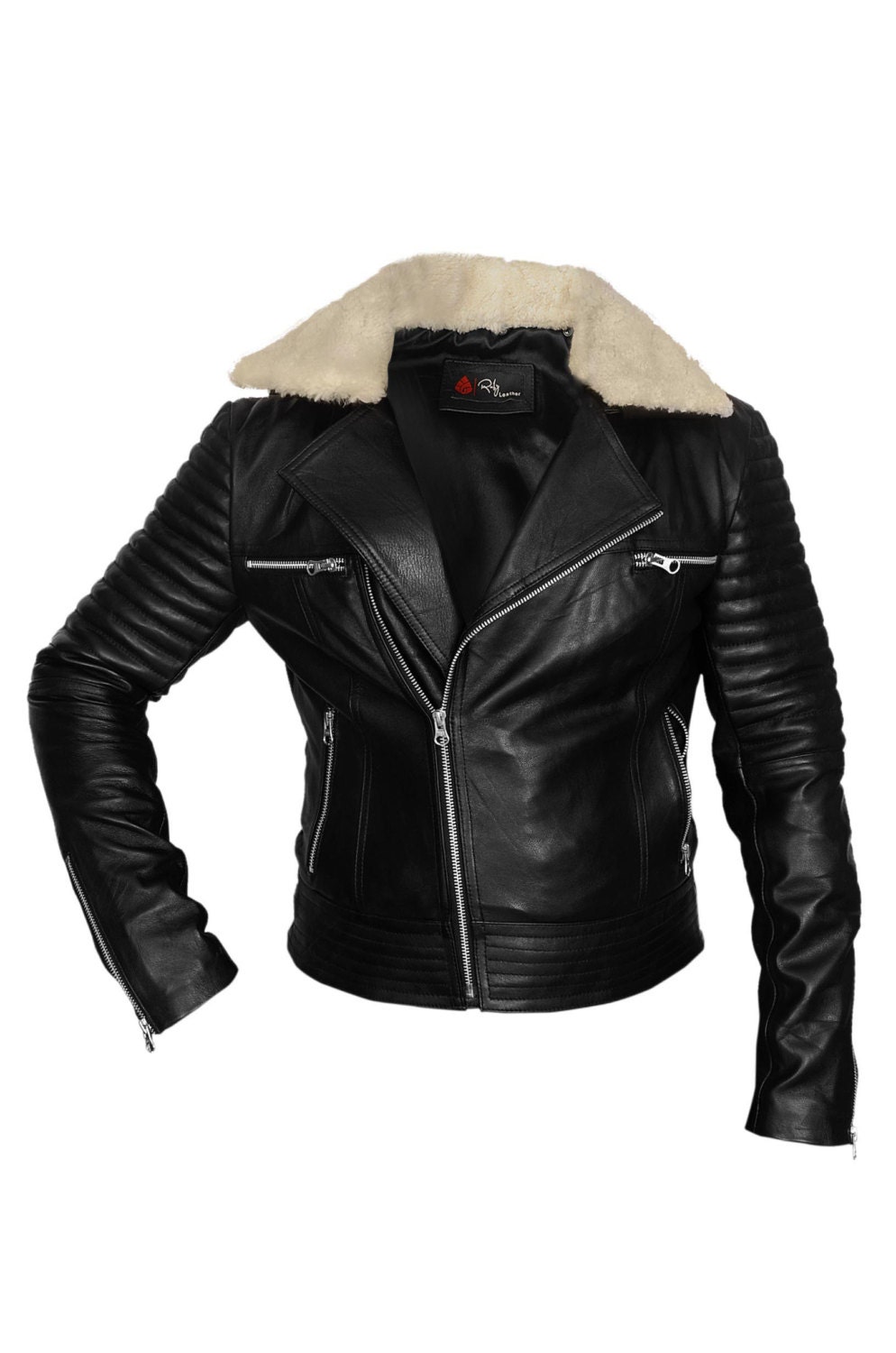 Women leather biker jacket with quilted sleeves by Ruby Leather