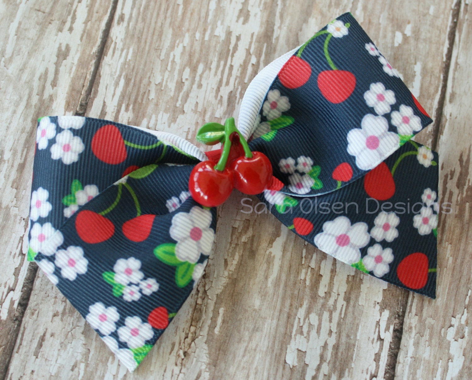 Large Classic Hairbow, Cherry Cute M2M, Navy Red White, Simple Bows, 4.5 Inch Hairbow, Hair Clip, Toddler Hairbow, Girls Hairbows