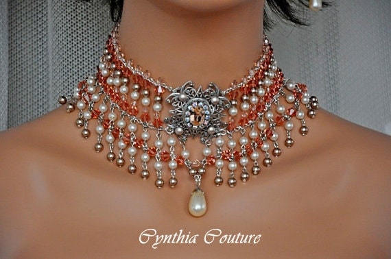 Bridal Necklace,Victorian Wedding,Pearl Choker Necklace,Swarovski Crystal Pearl,Rhinestone Choker,Filigree Choker,Vintage Style Choker,Ooak