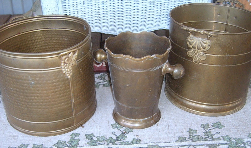 Vintage, Brass Planters, THREE PLANTERS   ,   Brass, Garden Decor, Shabby Brass Planters