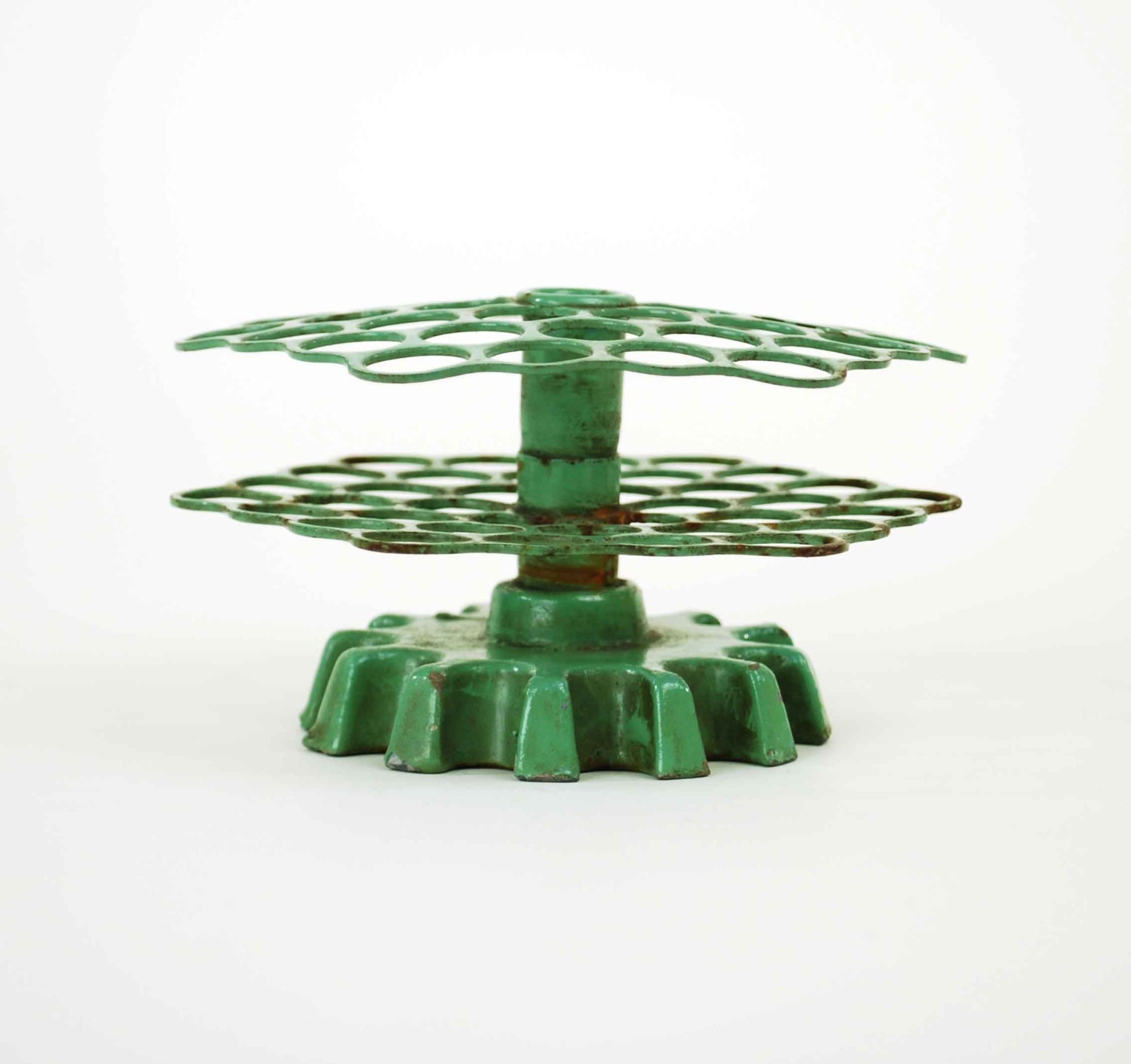 Vintage 2 Tier Flower Frog // 1930s Green Metal Floral Arranger // Garden Club Holder