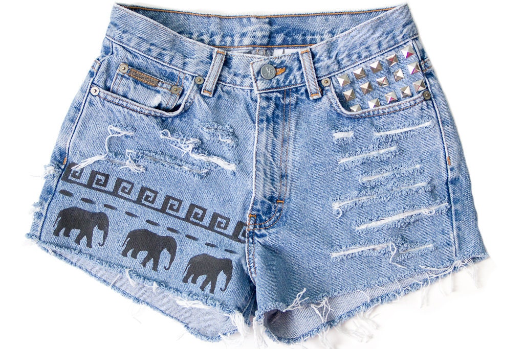 Tribal Aztec Elephant Waves Studded Shorts Hand Painted Vintage Distressed High Waisted Denim Boho Coachella Hipster Small Medium W28