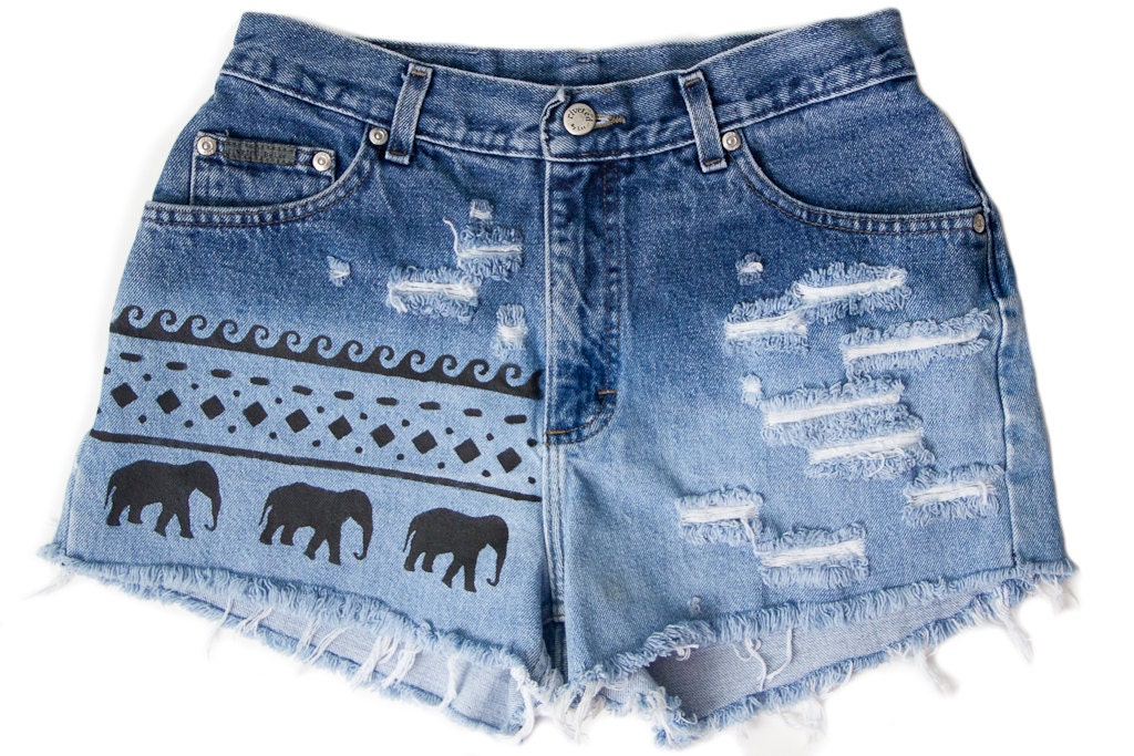 Tribal Aztec Elephant Waves Ombre Bleached Shorts Hand Painted Vintage Distressed High Waisted Denim Coachella Boho Hipster Small Medium W28