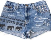 Tribal Aztec Elephant Waves Shorts Hand Painted Vintage Distressed High Waisted Denim Boho Coachella Hipster Small Medium W27