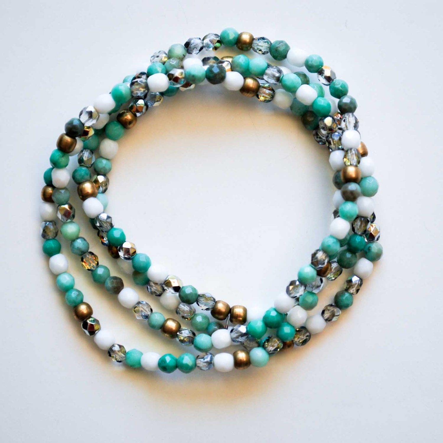 White/Gold/Mint Chrytophrase - Wrap Bracelet - Vintage Brass