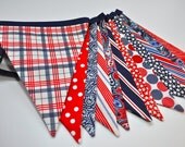 Red, White & Blue Patriotic fabric pennant banner bunting, 4th of July decoration, photo prop