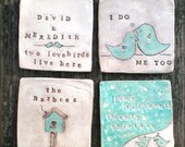 Custom Wedding Coasters, personalized wedding gift, stamped glazed ceramic coasters, couple's names, wedding date, birds, housewarming gift