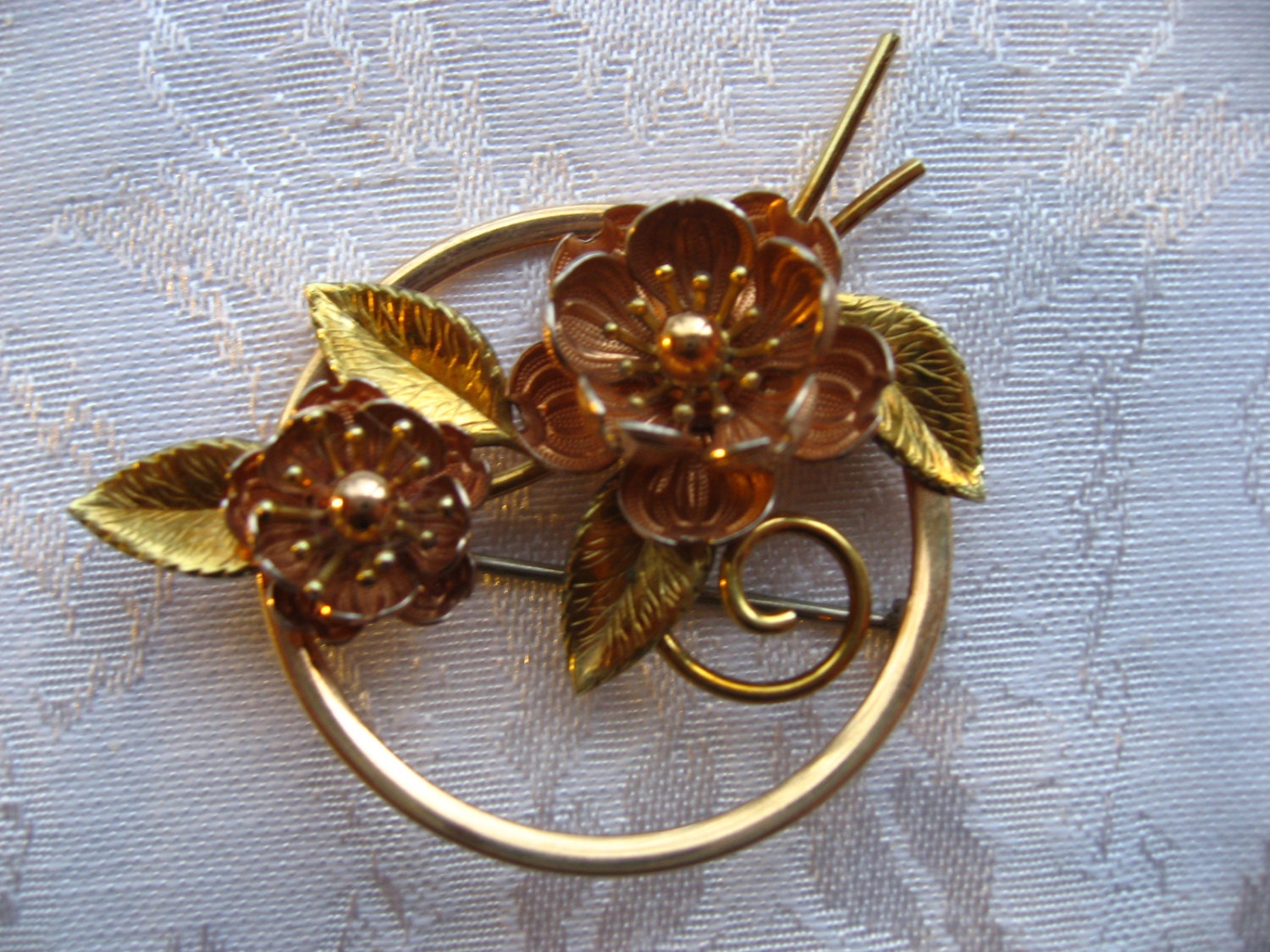 Krementz 14k Rose and Yellow Gold Overlay Flower Brooch Pin