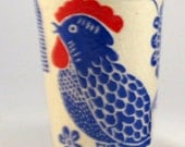 Blue & White TUMBLER with Rooster on Stoneware Pottery Sgraffito Carved Landscape Design